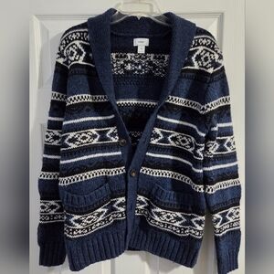 Men's Blue Patterned Cadigan Sweater Medium